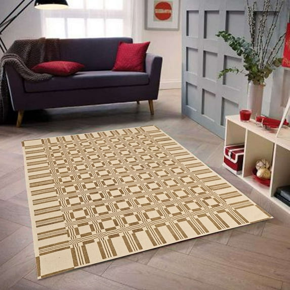 SAMURAI HOME Handloom Rugs 6x4 Feet | Non-Slip Floor Carpet | Indian Dhurrie Cotton Block Printed Non Shedding Area Rugs for Living Room, Bedroom, Hall, Office (Beige & Brown)