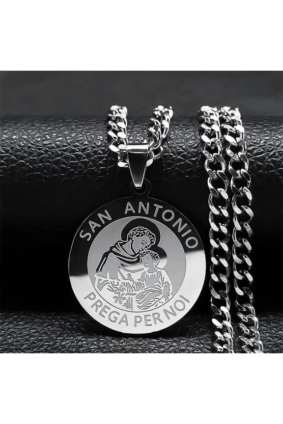 SAN ANTONIO PRAYS FOR US Archangel Round 14K White Gold Necklaces Necklace Jewelry religieux médaille