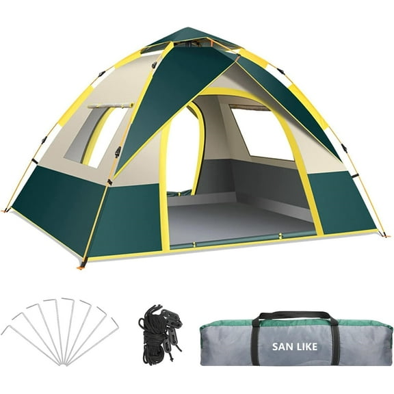 SAN LIKE Camping Tent 3/4 Person Tents for Family Camp Tent Waterproof Outdoor for Backpacking Hiking Easy Setup with Storage Bag,8 Ground ding,4 Windproof Rope (Green with Doors and Windows)