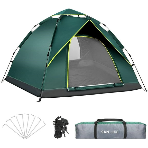 SAN LIKE Camping Tent 3/4 Person Tents for Family Camp Tent Waterproof Outdoor for Backpacking Hiking Easy Setup with Storage Bag,8 Ground ding,4 Windproof Rope(Green with Doors No Windows)