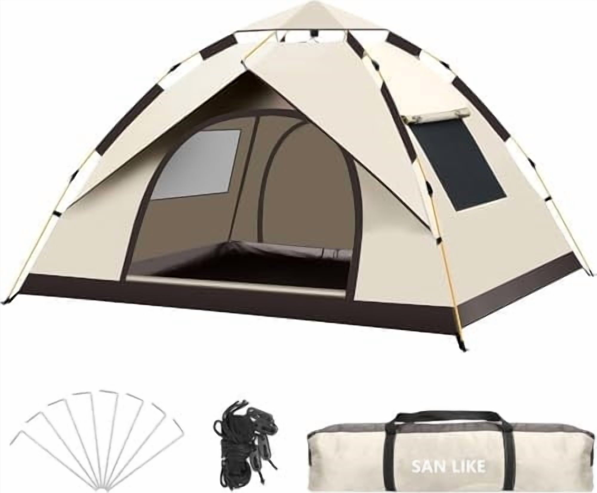 SAN LIKE Camping Tent 3/4 Person Tents for Family Camp Tent Waterproof Outdoor for Backpacking Hiking Easy Setup with Storage Bag,8 Ground ding,4 Windproof Rope (Gold with Doors and Windows)