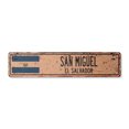 thumbnail image 1 of SAN MIGUEL EL SALVADOR Vintage Plastic Street Sign Salvadoran flag city country road wall gift | Indoor/Outdoor | 36" Wide, 1 of 4