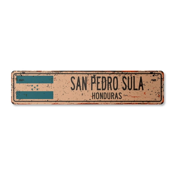 SAN PEDRO SULA HONDURAS Vintage Aluminum Street Sign Honduran flag city country road rustic metal tin wall gift | Indoor/Outdoor | 30" Wide
