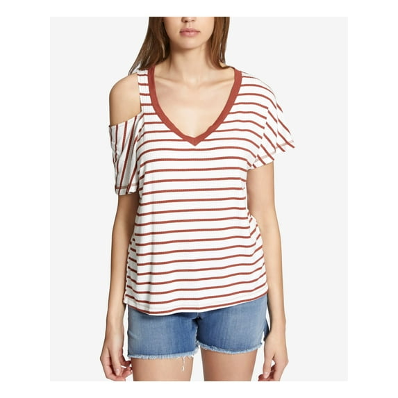 SANCTUARY Womens Brown Cold Shoulder Striped Short Sleeve V Neck Top Size M