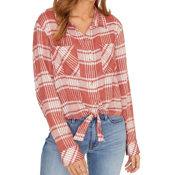 Women's Shirt Resort Tie Plaid Button Down XL