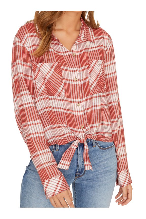 Women's Shirt Resort Tie Plaid Button Down XL