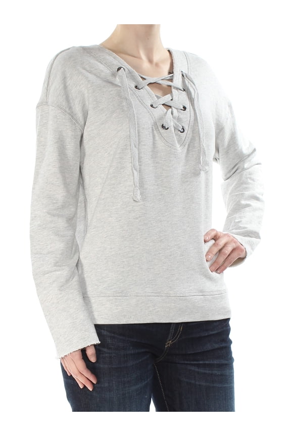 $89 Womens New 1106 Gray Lace-up V Neck Long Sleeve Sweater XS B+B