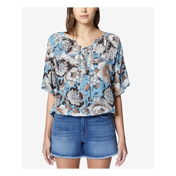 SANCTUARY $89 Womens New 1570 Light Blue Printed Lace Up Ruffled Top XS B+B