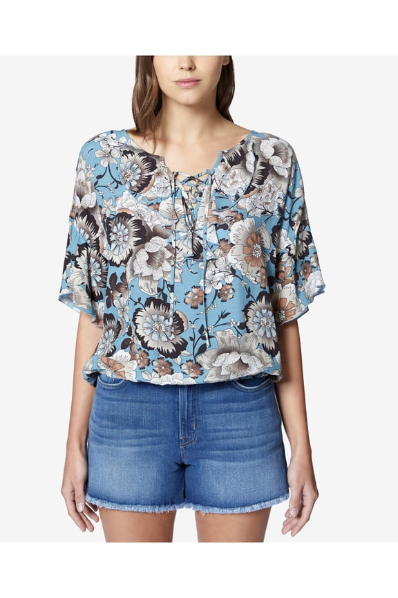 $89 Womens New 1570 Light Blue Printed Lace Up Ruffled Top XS B+B