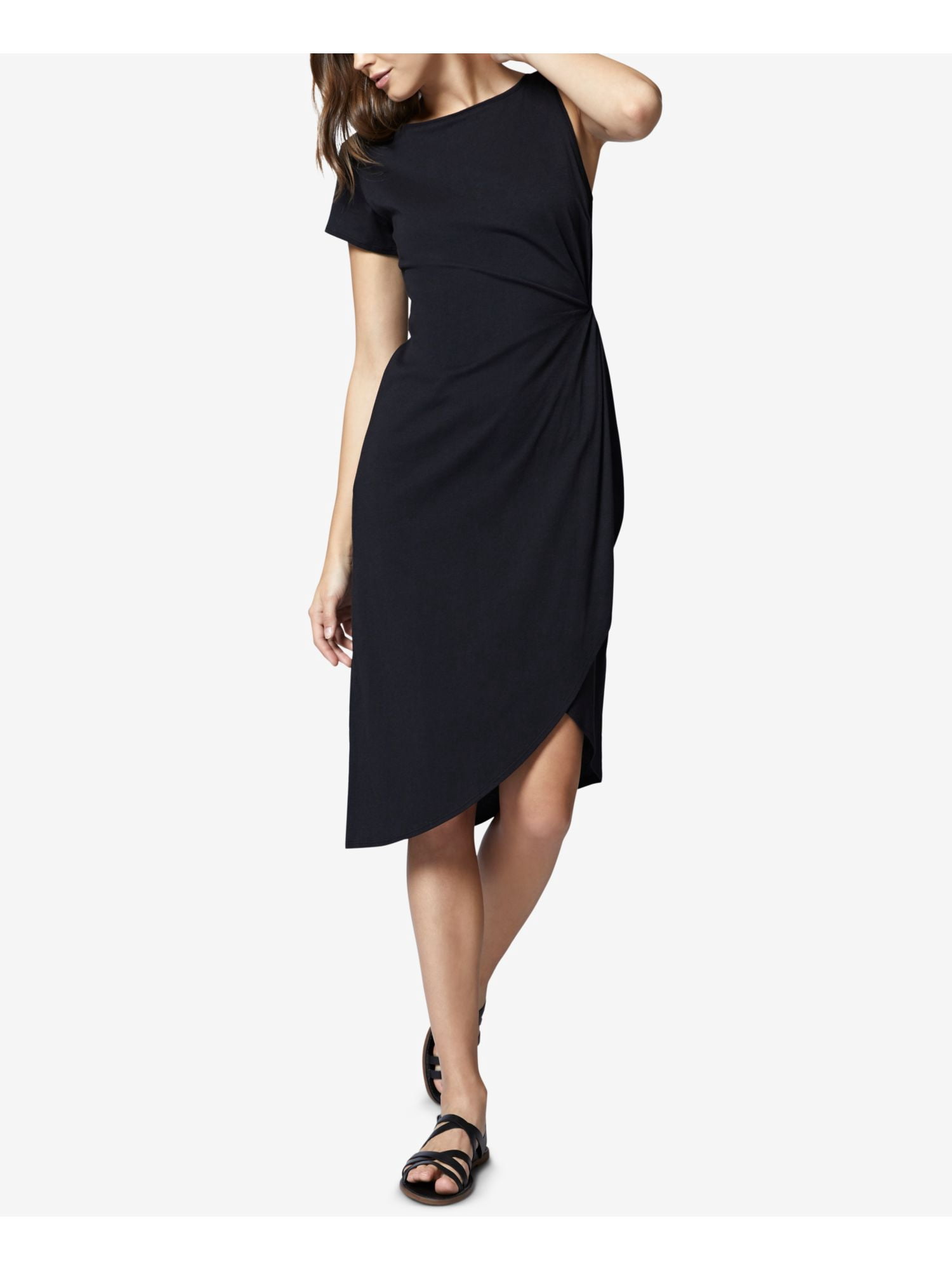 below the knee black cocktail dress SANCTUARY Womens Black Asymmetrical One Sleeve Sleeveless Jewel Neck Below  The Knee Cocktail Dress S