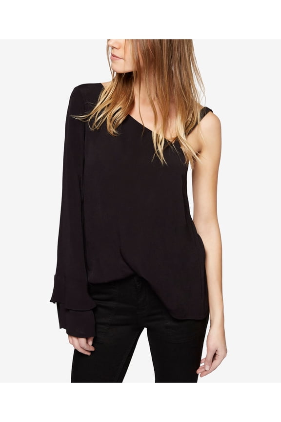 Womens Black Tiered Long Sleeve Asymmetrical Neckline Top M