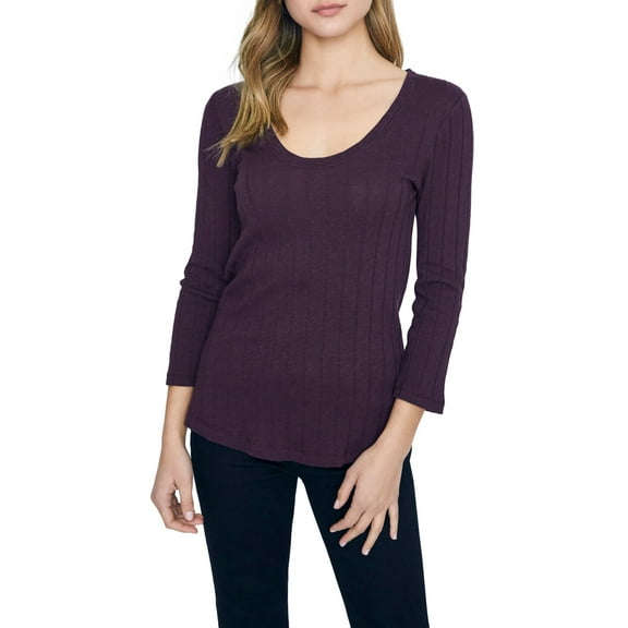 SANCTUARY Womens Burgundy Textured 3/4 Sleeve Scoop Neck T-Shirt S