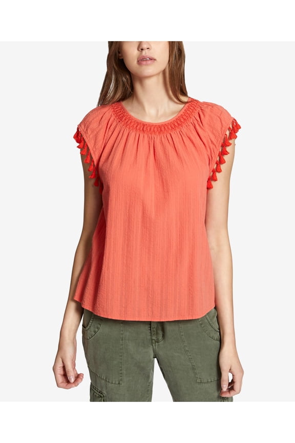 Womens Coral Tassel Trim Jewel Neck Top S