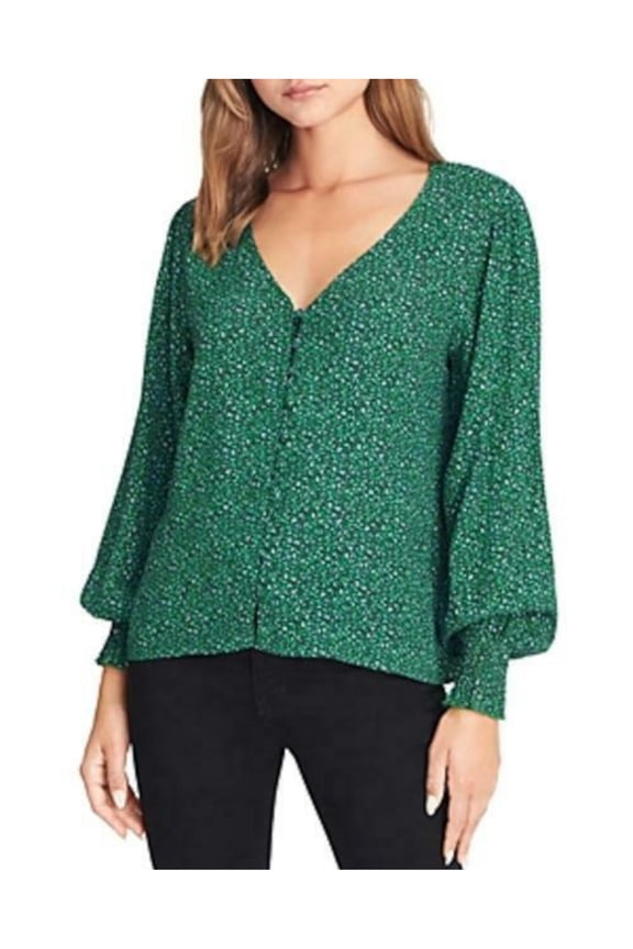 Womens Green Buttoned Animal Print Long Sleeve V Neck Top Size: M