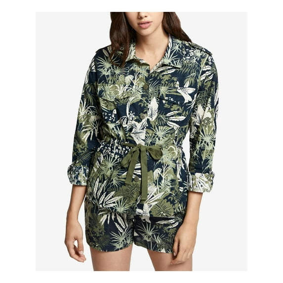 SANCTUARY Womens Green Printed Cuffed Collared Button Up Top S