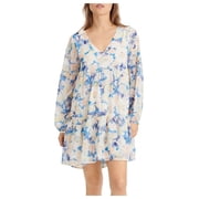SANCTUARY Womens Light Blue Sheer Pull-on Style Lined Floral Long Sleeve V Neck Above The Knee Party Baby Doll Dress 2