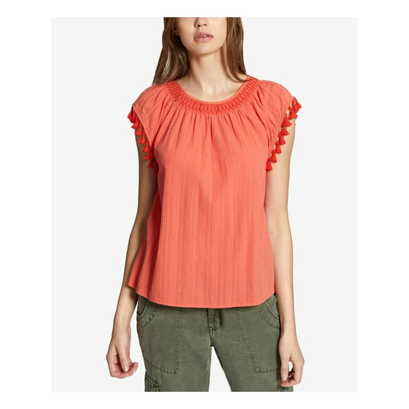 SANCTUARY Womens Orange Tassel Trim Shirred Neck Jewel Neck Top XS