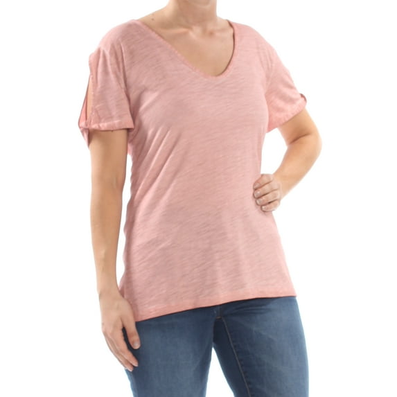 SANCTUARY Womens Pink Cotton Twist Sleeve Soft Short Sleeve V Neck T-Shirt XL