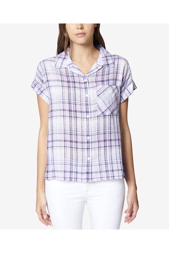 Womens Purple Boyfriend Plaid Short Sleeve Collared Button Up Top XS