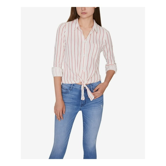 SANCTUARY Womens White Pocketed Textured Tie Front Hem Striped Cuffed Sleeve Point Collar Button Up Top L