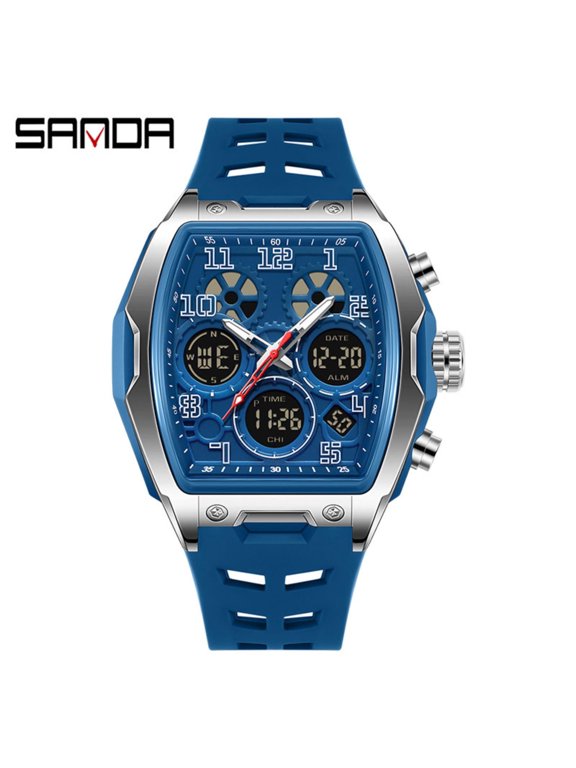 Men's Barrel Shape Digital Sport Watch Waterproof Multifunction Wristwatch with 3 Time Zones & Alarm