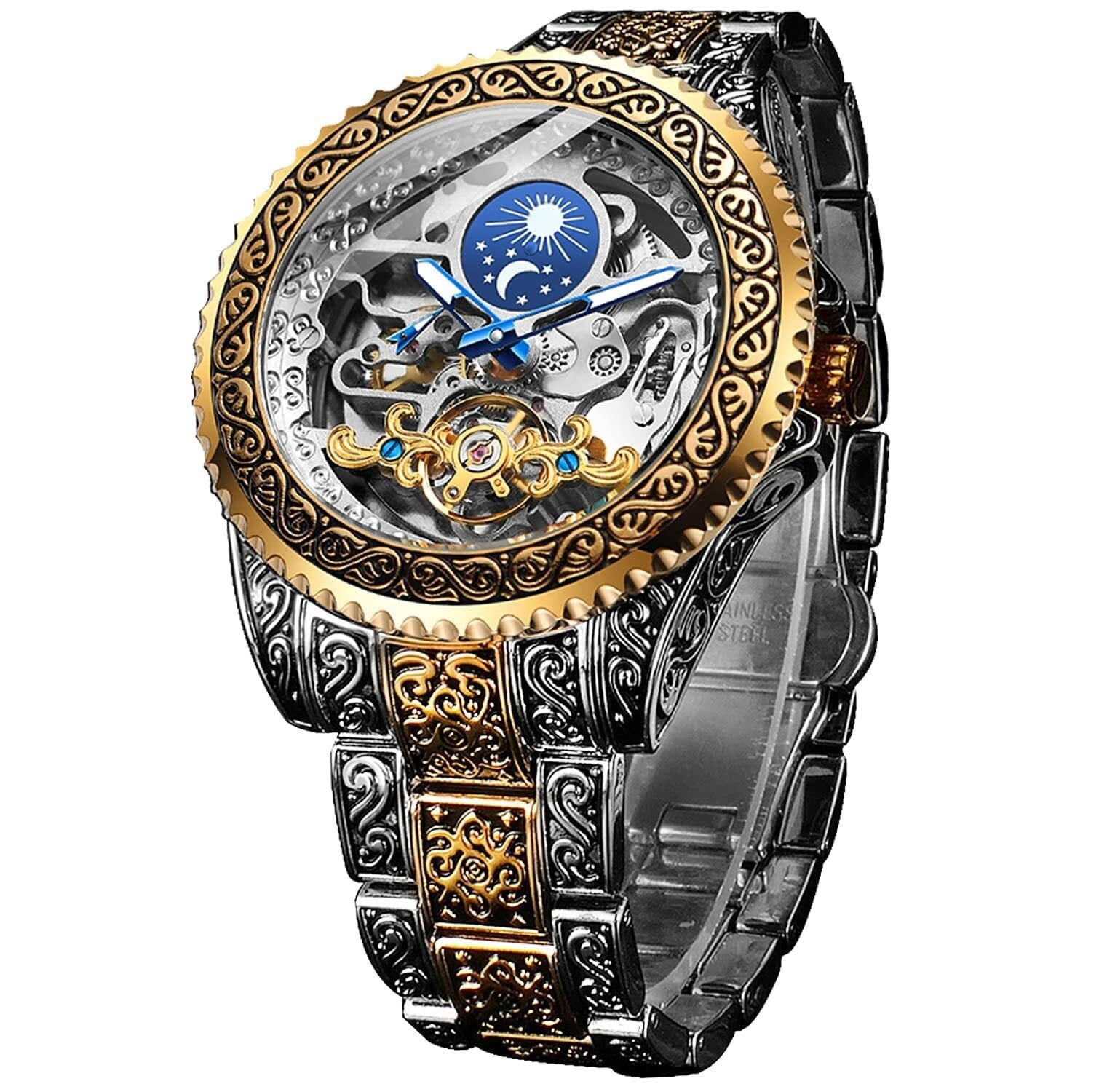 SANDA Retro Watch for Men Carved Self-Wind Mechanical Tattoo Tourbillon ...