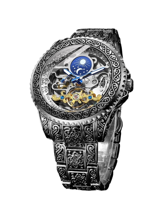Retro Watch for Men Carved Self-Wind Mechanical Tattoo Tourbillon Moon Phase Independent Seconds Skeleton Automatic Big Dial Wrist Watches