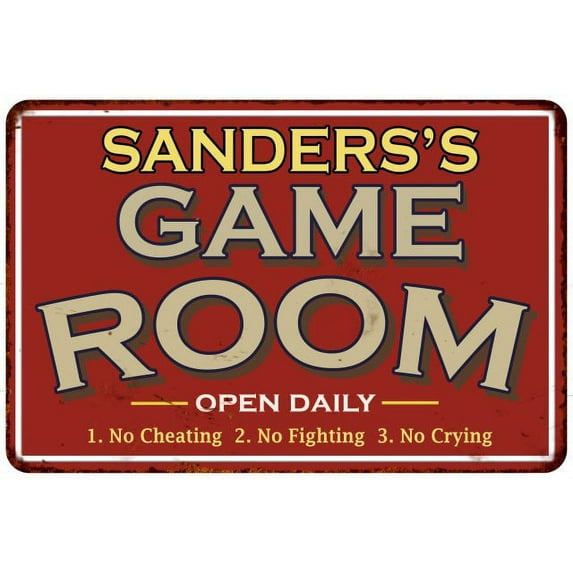 SANDERS'S Game Room Sign Vintage Look 12 x 18 Matte Finish Metal 112180001405