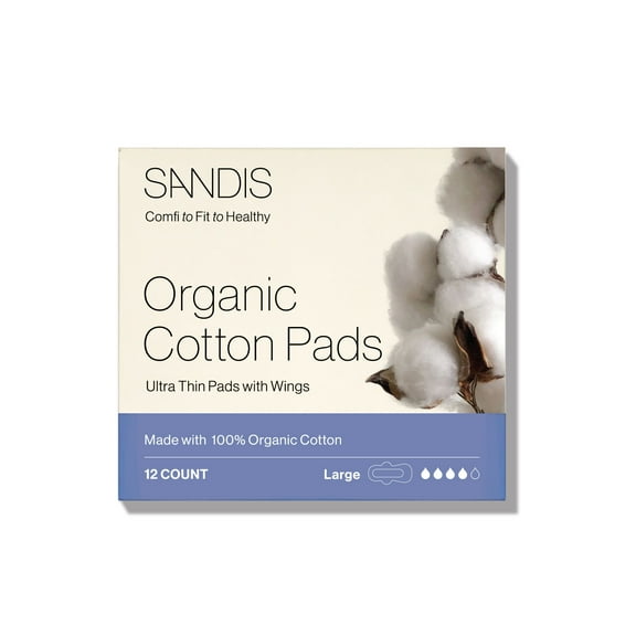 SANDIS Premium 100% Organic Cotton Menstrual Periods Feminine Pads Large Size, 12 Count