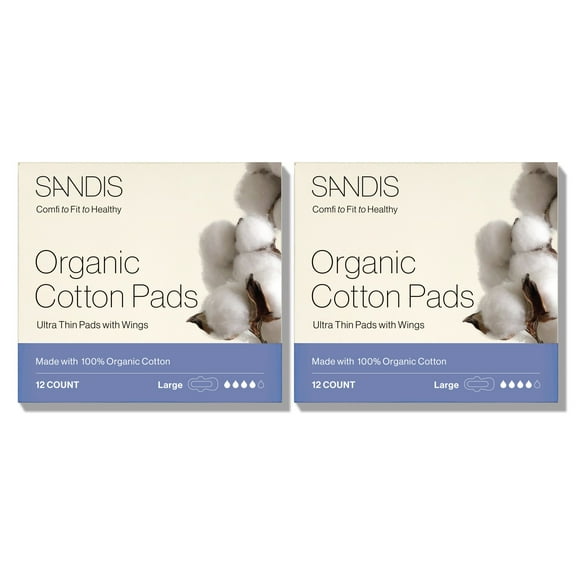 SANDIS Premium 100% Organic Cotton Menstrual Periods Feminine Pads Large Size, 24 Count
