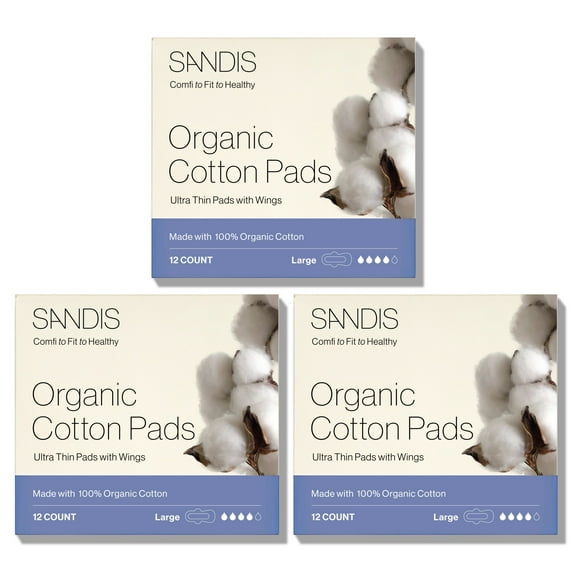 SANDIS Premium 100% Organic Cotton Menstrual Periods Feminine Pads Large Size, 36 Count