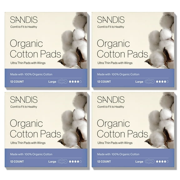 SANDIS Premium 100% Organic Cotton Menstrual Periods Feminine Pads Large Size, 48 Count
