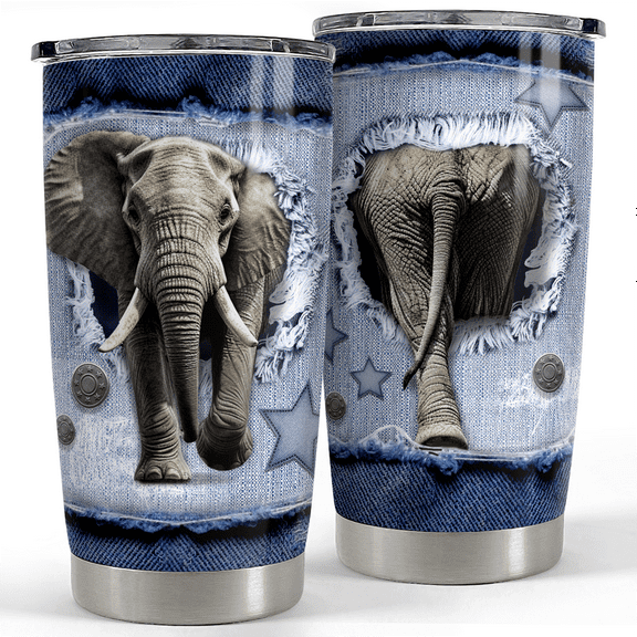 SANDJEST Elephant Tumbler 20oz Stainless Steel Insulated Tumblers Coffee Travel Mug Cup Jeans Drawing Style Elephants Gifts for Women Men Gift for Birthday Christmas