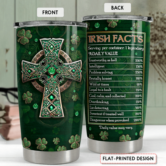 SANDJEST Irish Tumbler 20oz Irish Facts Celtic Cross Stainless Steel Tumbler with Lid Gift for Women Birthday Christmas