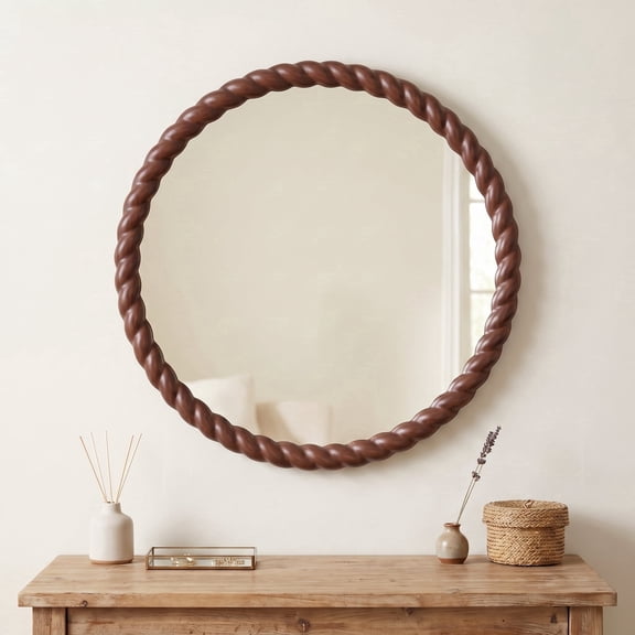 SANGNI Rope Carved Wood Round 24" x 24" Rustic Walnut Farmhouse Wall Mirror