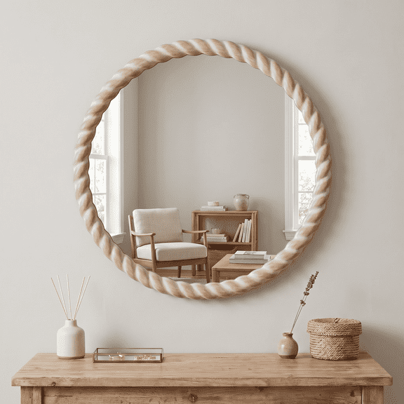 SANGNI Rope Carved Wood 24" x 24" Weathered Natural Rustic Farmhouse Wall Mirror