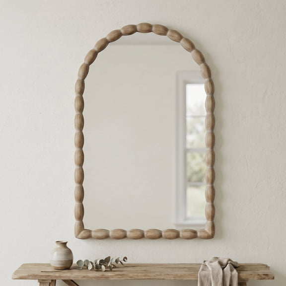 SANGNI 24"x36" Farmhouse Arched Wall Mirror with Solid Wood Beaded Frame for Living Room & Bedroom