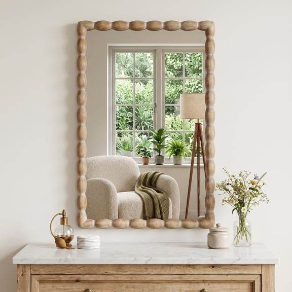 SANGNI 24" x 36" Rectangle Wall Mirror, Beaded Carved Solid Wood Frame, Rustic Farmhouse Decor
