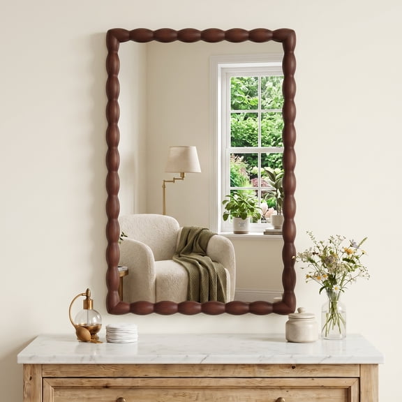 SANGNI 24" x 36" Rectangle Wall Mirror, Carved Beaded Solid Wood Frame, Farmhouse Decor