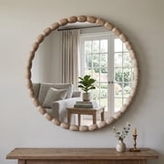 SANGNI 30" Round Solid Wood Wall Mirror with Carved Beaded Frame for Vanity, Entryway & Living Room