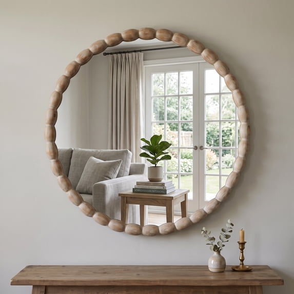SANGNI 30" Round Solid Wood Wall Mirror with Carved Beaded Frame for Vanity, Entryway & Living Room