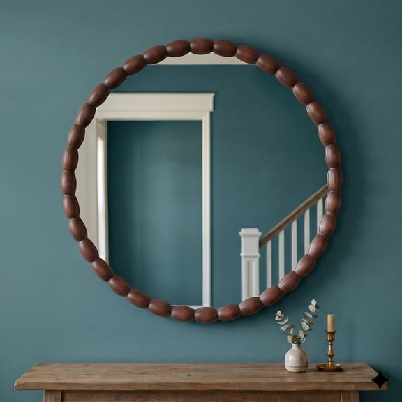 SANGNI 30" x 30" Round Wall Mirror, Carved Beaded Solid Wood Frame, Farmhouse Decor