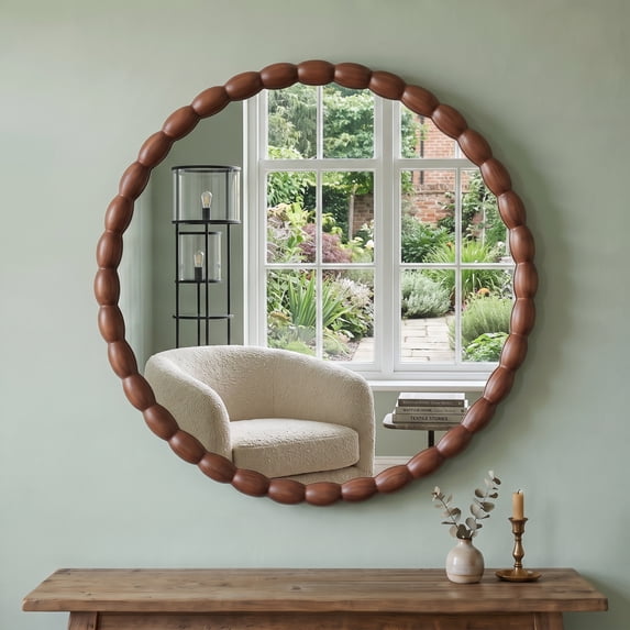 SANGNI 30" Round Solid Wood Beaded Frame Mirror for Bathroom, Entryway, Living Room