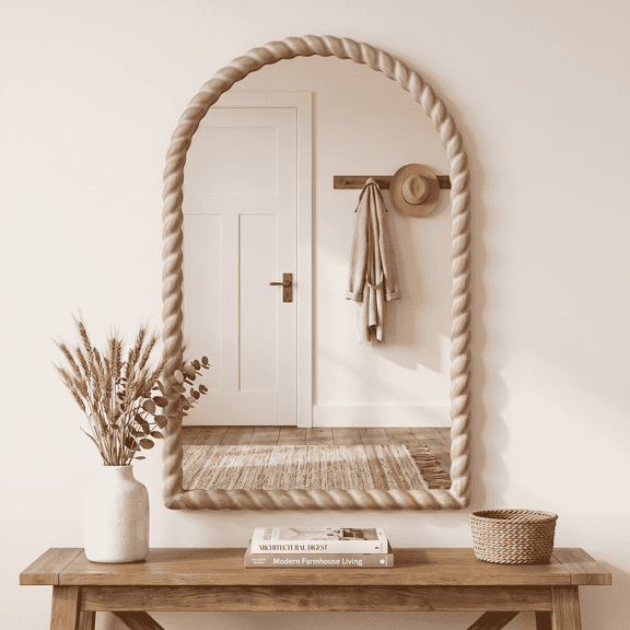 SANGNI 36"x24" Arched Rustic Farmhouse Wall Mirror with Twisted Rope Carved Wood Frame