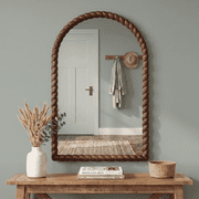 SANGNI 36" x 24" Arched Wall Mirror, Rustic Walnut Solid Wood Rope Carved Frame, Farmhouse Decor