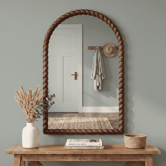 SANGNI 36" x 24" Arched Wall Mirror, Rustic Walnut Solid Wood Rope Carved Frame, Farmhouse Decor