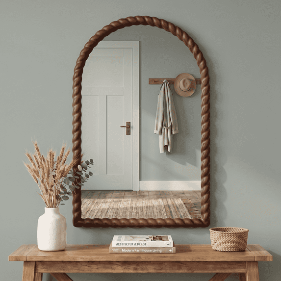 SANGNI 36" x 24" Arched Wall Mirror, Rustic Walnut Solid Wood Rope Carved Frame, Farmhouse Decor