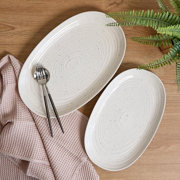 SANGO Siterra 2-Piece Speckled Stoneware Serving Platter Set- Large & Medium Ceramic Platters with Glossy Rustic Glaze for Kitchen, White Dishes Entertaining, Microwave and Dishwasher Safe