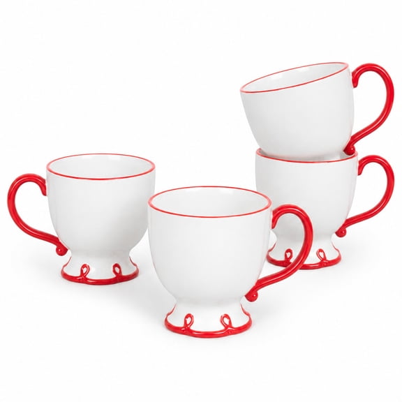 SANGO Splash of Cheers Large White Coffee Mugs Set of 4, Red Rims, 16 oz