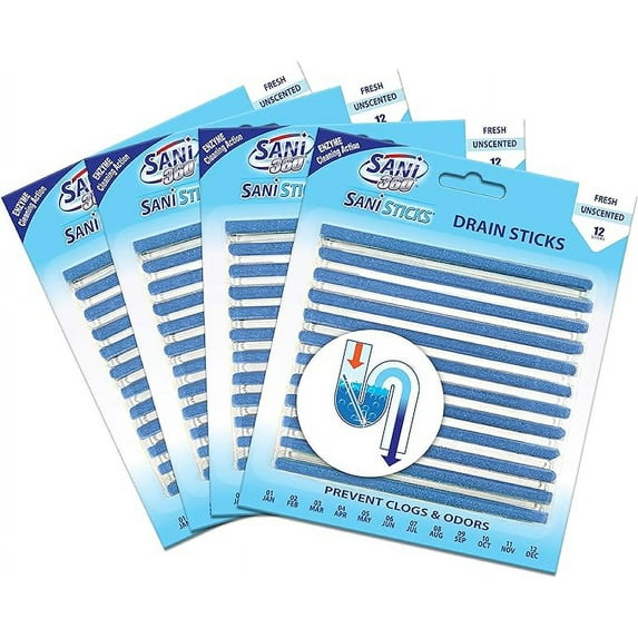 SANI 360° Sani Sticks Drain Cleaner and Deodorizer, Enzyme Pipe Cleaners, Eliminate Odors, Prevent Clogged Drains, Safe for Sinks, Bathtub Drains, Septic Tanks, 48 Count, Unscented
